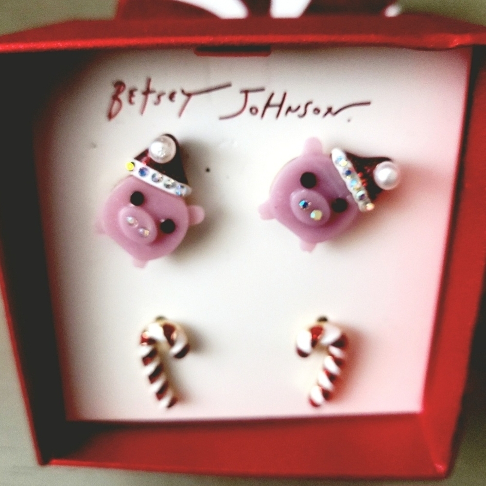 Betsey Johnson Purple Pig and Candy Cane Earrings